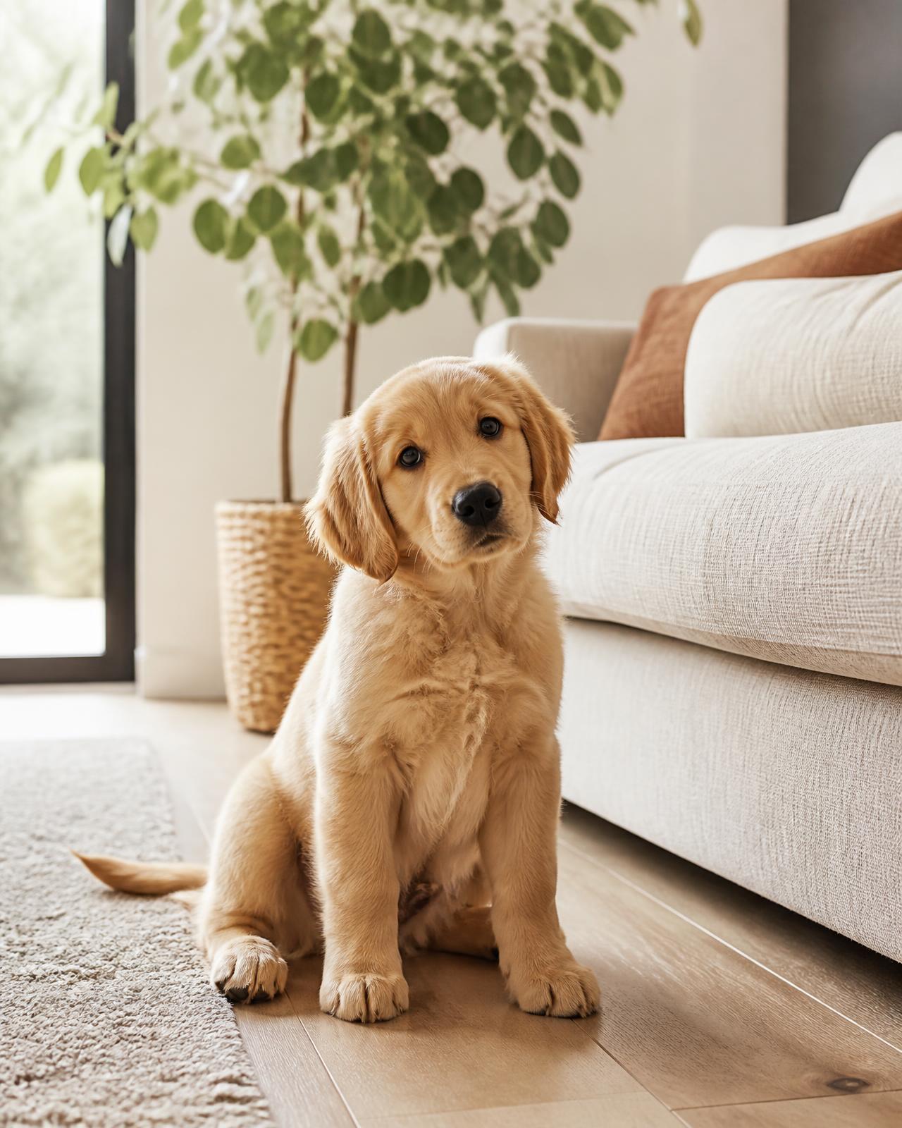 Golden retriever puppy padding across a wood floor in a warm modern living room
